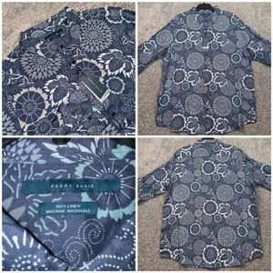 Perry Ellis 100% Linen Shirt Mens XXL Floral Tribal Pattern Medallion Blue NEW